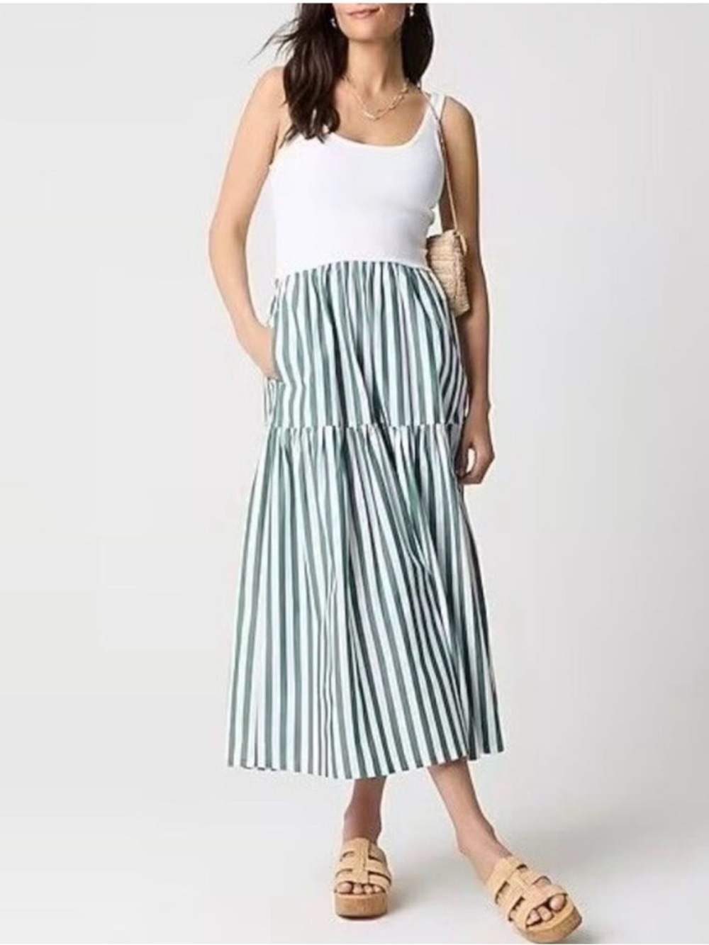 J. Crew - Green and White Vertical-Stripe Tiered Maxi Dress - Size S